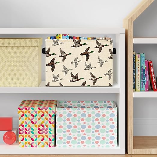 Vintage Mallard Duck Storage Bins Box with Handles, Duck Nursery Decor, Wild Flying Ducks Laundry Basket Hamper Collapsible Clothes Toys Organizer for Kids Boys Bedroom Bathroom