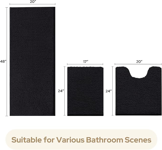 HOMEIDEAS 3 Pieces Bathroom Rugs, Extra Large Ultra Soft Non Slip Absorbent Chenille Toilet Bath Mat Set (Black)