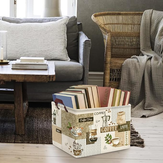 Clastyle Large Breaktime Coffee Theme Storage Basket Coffee Bean Cup Snack Kitchen Storage Bin Rectangle Brown Basket for Clothes Toy Book