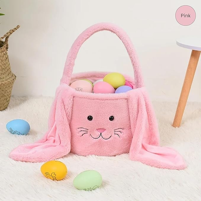 Personalized Easter bunny basket, Plush Embroidered Easter basket, Bunny Basket with Name,Easter egg hunt basket,Custom Easter Bucket (Pink)