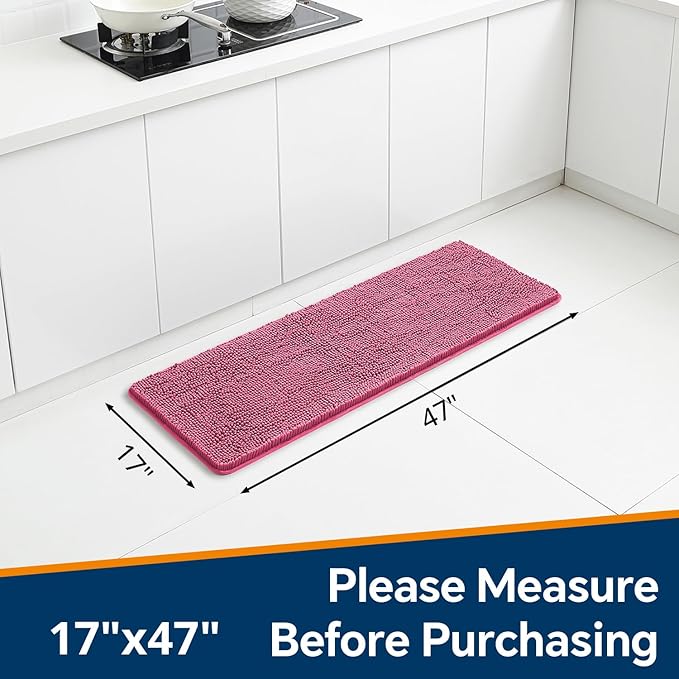 Hot Pink Bathroom Rugs 17"x47" - Plush Chenille Non-Slip Runner Bath Mat - Absorbent, Washable, Soft Decor for Shower, Sink, Tub, Kitchen, Home Accessories