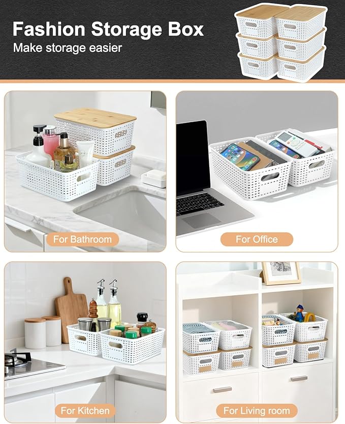 Plastic Storage Baskets with Bamboo Lids for Pantry Organization and Storage Containers Bins for Shelves Drawers Desktop Closet Playroom Classroom Office Home, 6 Pack,White