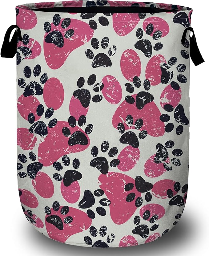 Pink Paw Print Laundry Basket, Foldable Waterproof Laundry Hamper Tote Bag Dirty Clothes Storage Bucket Toy Organizer for Bathroom/Laundry/Bedroom 15.7"x19.6"