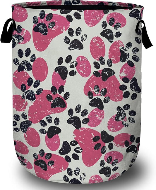 Pink Paw Print Laundry Basket, Foldable Waterproof Laundry Hamper Tote Bag Dirty Clothes Storage Bucket Toy Organizer for Bathroom/Laundry/Bedroom 15.7"x19.6"