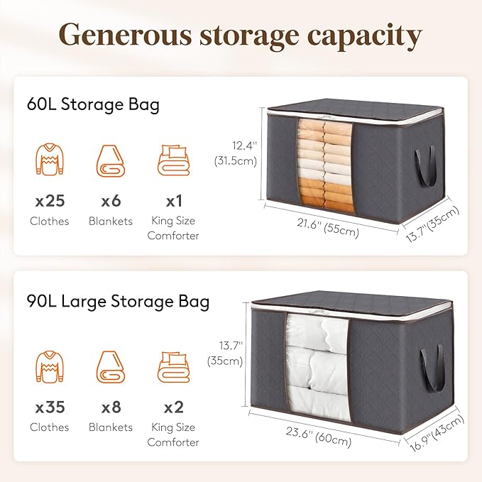 Lifewit 18 Pack 60L Clothes Storage Bins with Lids, Foldable Blanket Storage Bags with Zippers, Clear Window and Reinforced Handles, Closet and Organization for Clothing, Sweater, Comforter, Bedding