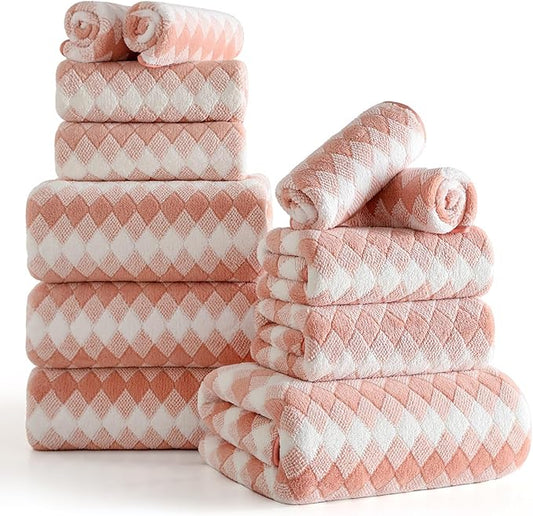12 Pcs Pink White Diamond Towel Set-4 Bath Towels,4 Hand Towels,4 Washcloths Soft Polyester Towels with Loop Absorbent Shower Towel Quick Dry Beach Chair Towel Family Towels for Bathroom Spa Gym Pool