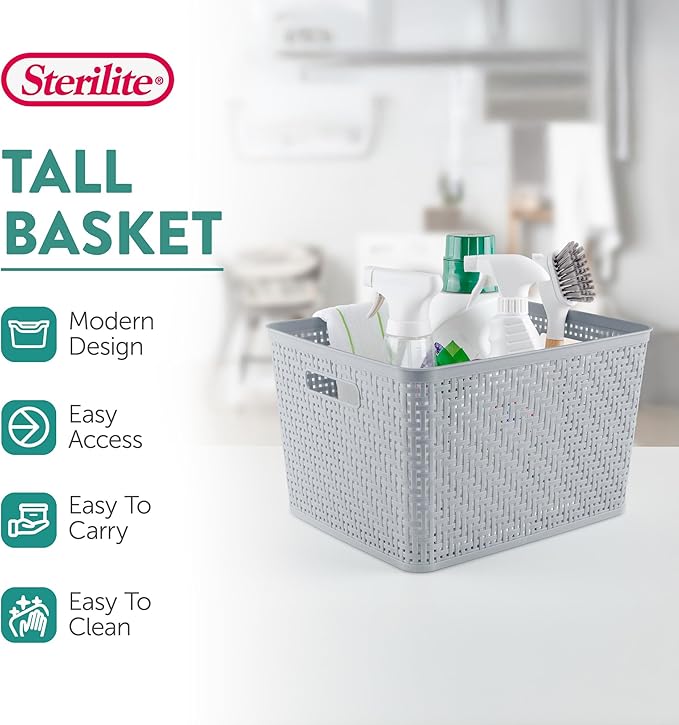 Sterilite 24 Pack Plastic Storage Bin Organization Containers, Tall Baskets, Cement