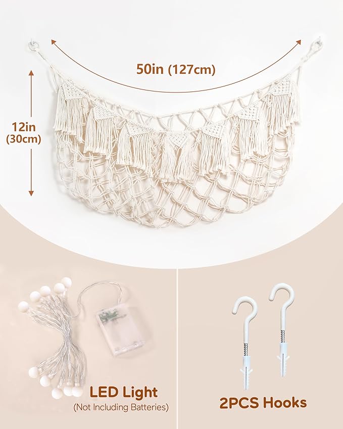 Stuffed Animal Storage Hammock with Lights- Boho Wall Hanging Plushie Net for Stuff Aanimal Organizer and Teddy Bear Storage, Small Toy Hammock for Kids Bedrooms Playroom Nursery(White Small)