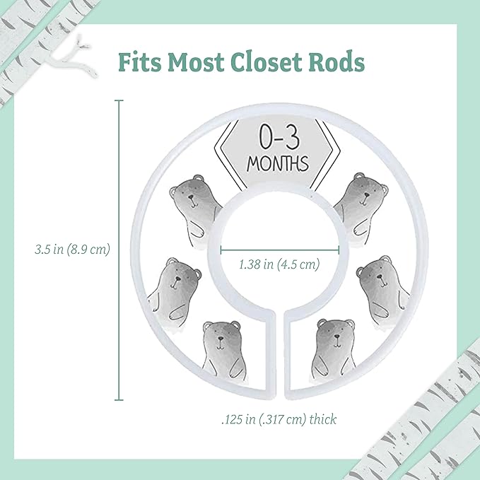 Baby Nest Designs Closet Dividers - 7x Baby Clothes Size Dividers, Newborn to 24 Months, Grey Animals Nursery Closet Organizer
