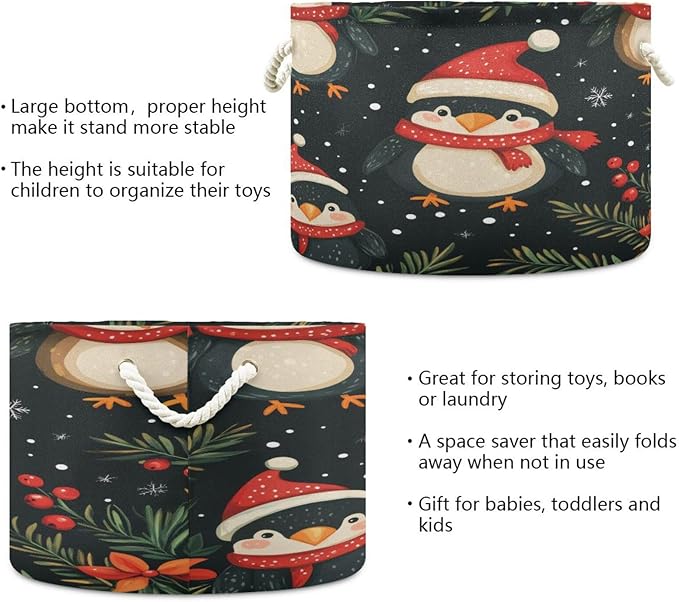 Blanket Storage Basket for Living Room - Cute Christmas Penguin Large 20"x20"x14" Cotton Rope Handles Laundry Basket, Foldable for Toy Storage, Blanket Basket