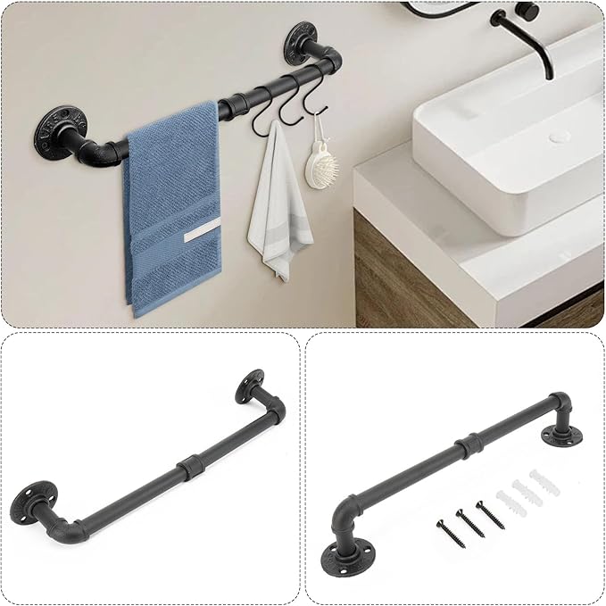 4-Pieces Industrial Pipe Bathroom Towel Ring Kit DIY Wall Mount Accessories Kit Includes Robe Hook Towel Bar and Towel Ring (16 inch)