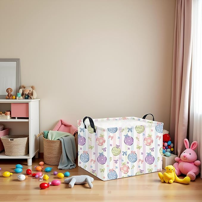 HIYAGON Rectangular Easter Basket Fabric Storage Bin Boxes Collapsible Baby Girl Basket for Clothes Books Shelves Basket(Bowknot Egg)