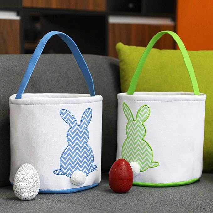 MONOBLANKS Easter Bunny Basket Bags, Rabbit Bucket Tote for Easter Egg Hunts Decorations Candy Gifts Storage (Green(wave))