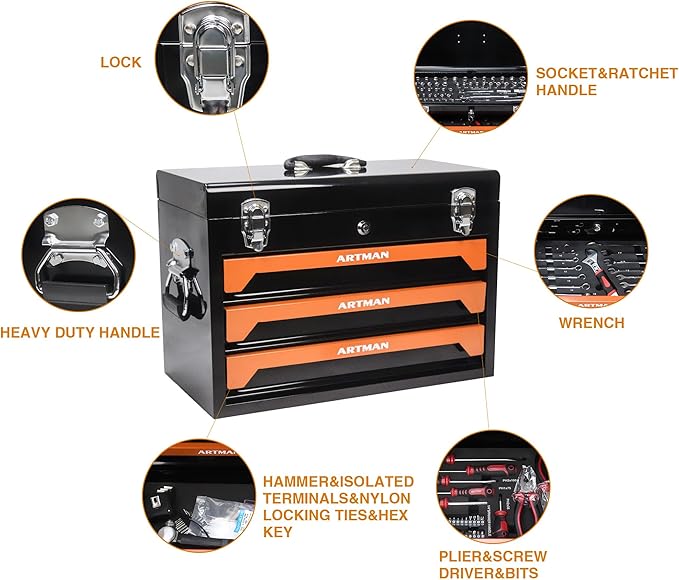 20" Portable 3 Drawer Steel Toolbox,Built in Tool Set,4 Layers of Tools with Metal Latches, with Top Storage Tray and carrying Handle, Multi-Function Tool Storage for Garage, Home,or Workbench