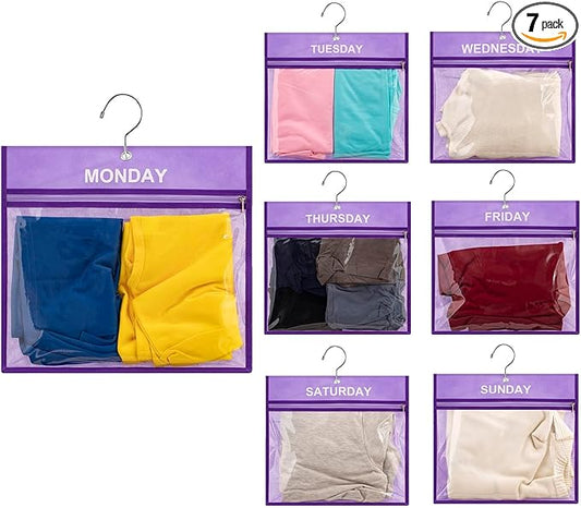 7 Pcs Weekly Travel Organizer Pouches Day of Week Clothing Packing Cubes Monday to Sunday School Clothes Organizer for Kids (Purple)
