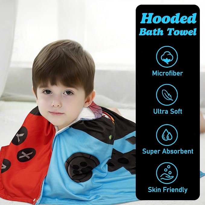 Hooded Towels for Kids Game 60" x 35" Toddler Bath Beach Towel Poncho with Hood Super Soft and Absorbent 100% Microfiber for Boys Ages 5-12