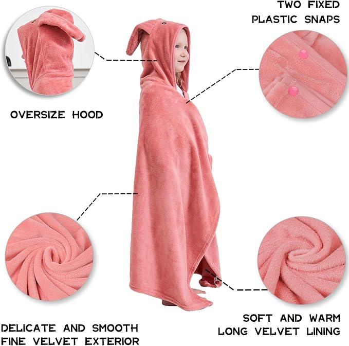 Hiturbo Kids Hooded Bath Towel: Soft Fleece Towel Blanket Cartoon Animal - Pool Beach Towels Wrap 50"x30" for Boys Girls 3-12 Yrs (Pink Rabbit)