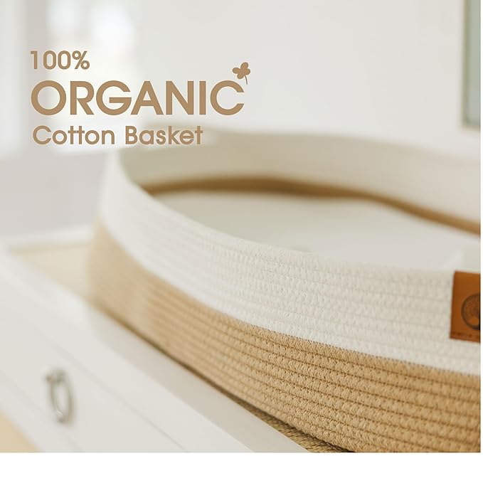 Baby Changing Basket Includes Diaper Caddy - Soft & Waterproof Dual-Cover, Portable, Changing Pad for Dresser & Changing Table, Gift for Baby Shower, Organic Cotton Rope