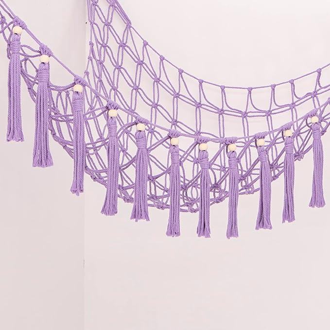 Stuffed Animals Hammock Corner Hanging Net with Wooden Beads Macrame Stuffed Animal Storage Ideas Plush Holder Toy Organizer for Boho Nursery Playroom Bedroom Kids Room Decor (purple, X-Large)
