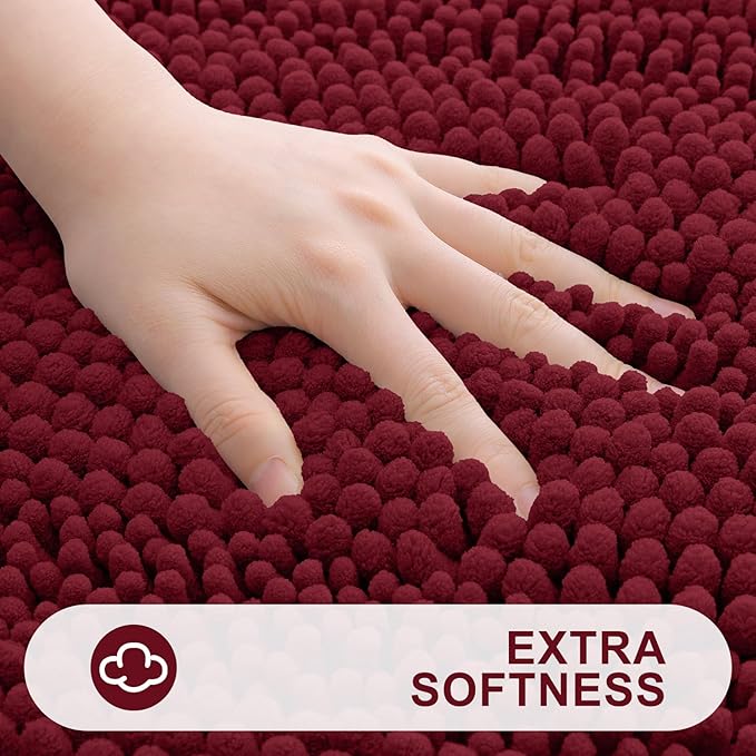 Grandaily Chenille Striped Bathroom Rugs 47x32, Extra Thick and Absorbent Bath Mats, Non-Slip Soft Plush Shaggy Shower Carpet, Machine Wash Dry, Bath Rug for Bathroom, Burgundy