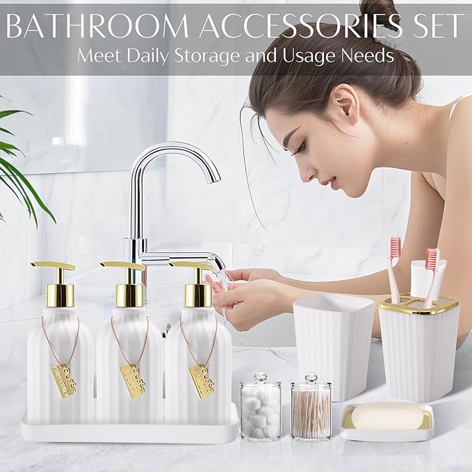 17PCS Bathroom Accessory Set Bathroom Set White and Gold Bathroom Accessories,Toilet Brush, Trash Can, Qtip Holder Dispenser& 3PCS Soap Dispenser