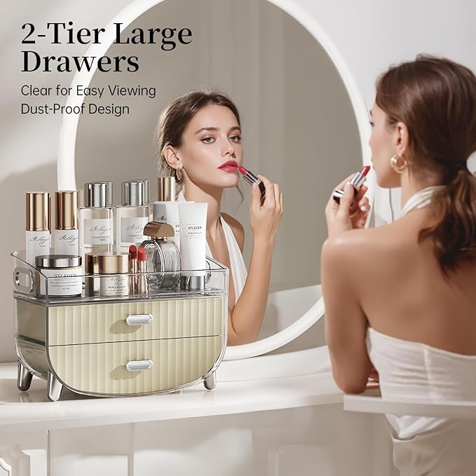 LAMU Makeup Organizer With 2 Drawers, Bathroom Storage With Four Non-Slip Feet And Dust-Proof, Simple And Stylish For Desktop, Vanity, Bathroom Countertops, White, Ideal Christmas Gifts for Girls