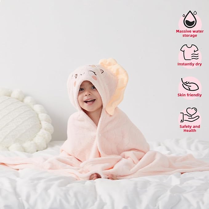Hooded Towel for Kids, 2 Pack Coral Fleece Kids Bath Towels, Soft and Absorbent Toddler Towels with Hood Age 0-12 Years for Toddler, Infant, Kids - Large 27.5 X 55 inch (Pink Unicorn & Green Dinosaur)