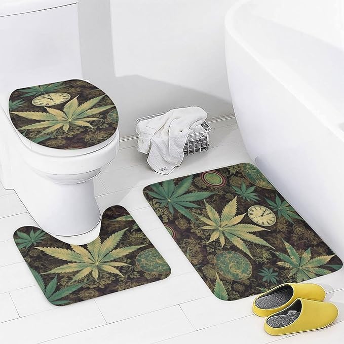 A Puff in Time Weed Marijuana 4 Piece Bathroom Set with Shower Curtain - Includes Bath Mat U-Shaped Mat Toilet Lid Cover and Waterproof Curtain Non-Slip Mat