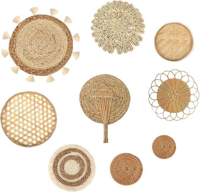 Boho Wall Baskets 9Pcs/Set Boho Wall Basket Decor Different Size & Style Woven & Round Decorative Art for Living Room Bedroom Farmhouse Nursery.