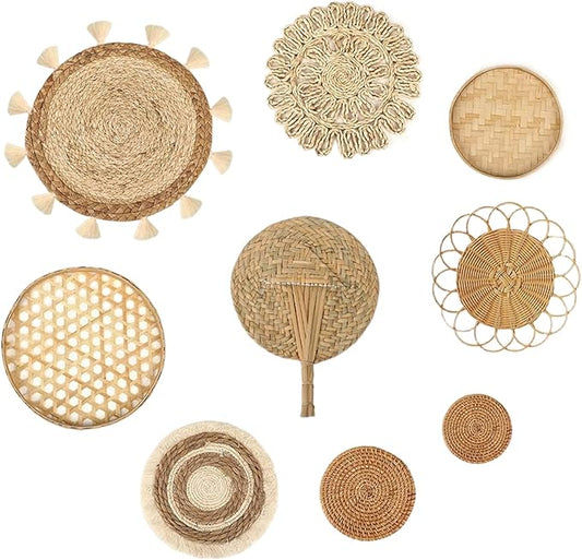 Boho Wall Baskets 9Pcs/Set Boho Wall Basket Decor Different Size & Style Woven & Round Decorative Art for Living Room Bedroom Farmhouse Nursery.