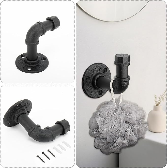 4-Pieces Industrial Pipe Bathroom Towel Ring Kit DIY Wall Mount Accessories Kit Includes Robe Hook Towel Bar and Towel Ring (16 inch)