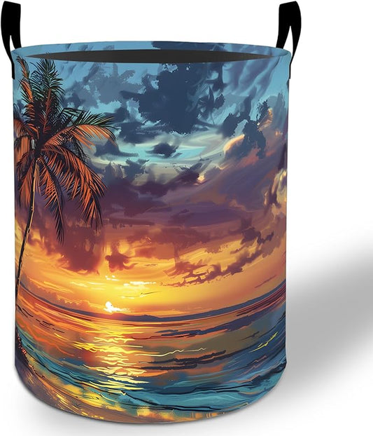 Palm Tree Sunset Laundry Basket Hamper 19.7"x15.8", Beach Foldable Waterproof Oxford Clothes Storage Bucket for Room Bathroom Bedroom Nursery Decor, Toy Organizer Bins Gifts for Kids Boys Girls