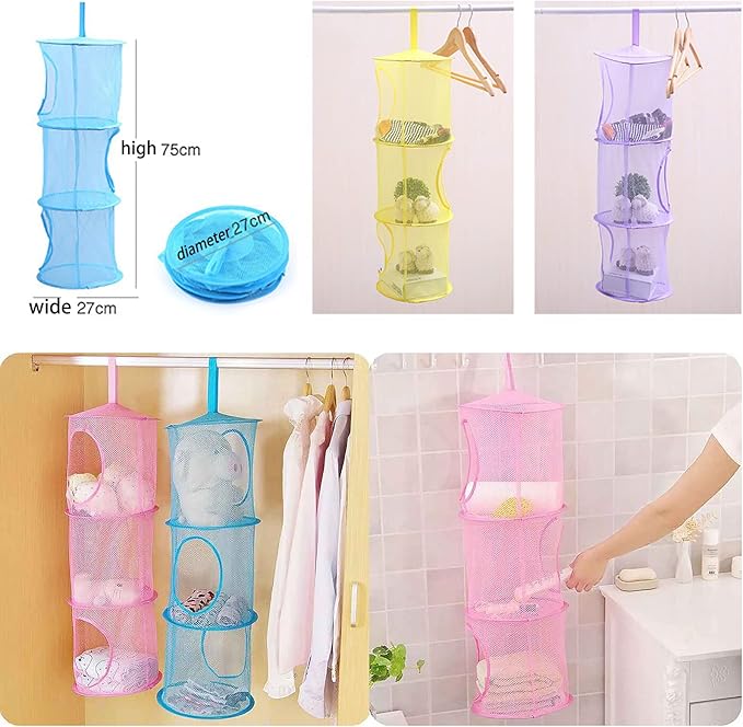 Mesh Hanging Storage Basket With 3 Compartments Foldable Hanging Storage Organizer Net Bag for Toys Storage, Space Saver Sundries Clothes Bra Underwear Socks Drying Basket Laundry Hamper (Purple)