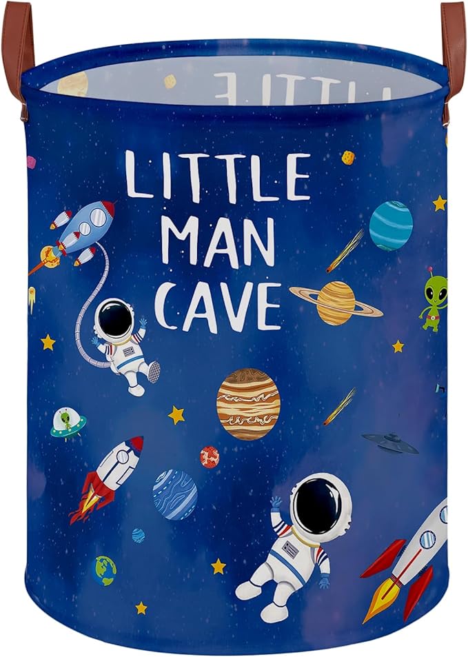 Space Themed Bedroom Decor Baby Laundry Hamper,Kid Laundry Basket for Boys Room,Astronaut Rockets Nursery Decor Storage Toy Bin, Lightweight Dirty Clothes Organizer Box (Blue Space)