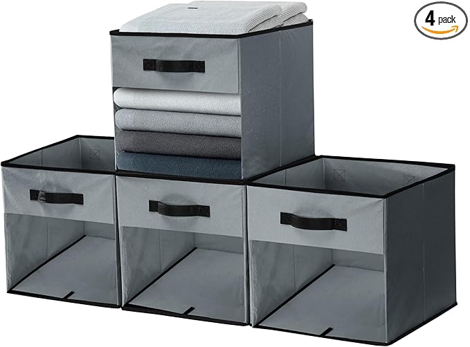DECOMOMO Kallax Storage Cubes, 13x13x15 Storage Cube Bins with Window, Baskets for Organizing Shelves (Kallax / 4pcs, Grey)