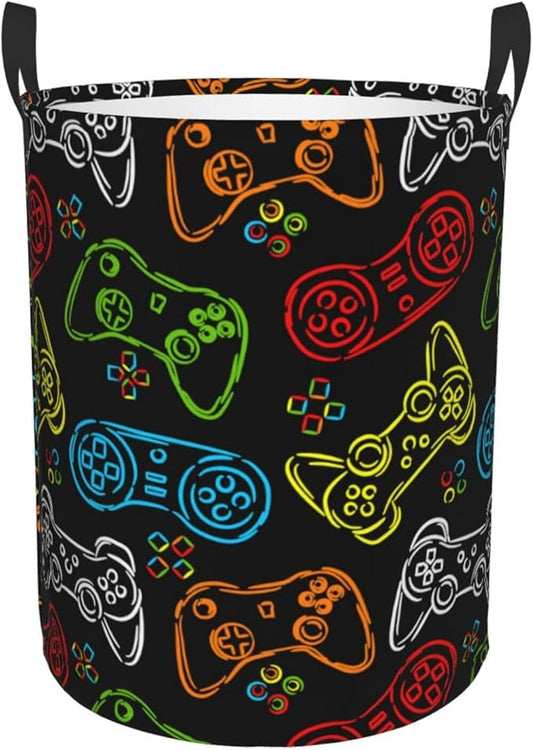Game Joysticks Colorful Silhouettes Round Laundry Hamper Gaming Theme Storage Basket Toys Clothes Organizer Bin For Home Bathroom Bedroom Dorm Nursery, 38l