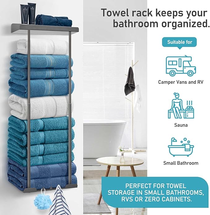 Hommtina Bathroom Towel Storage Black Towel Holder Bathroom Decor Aesthetic Towel Racks for Bathroom Bath Towel Storage (Grey)