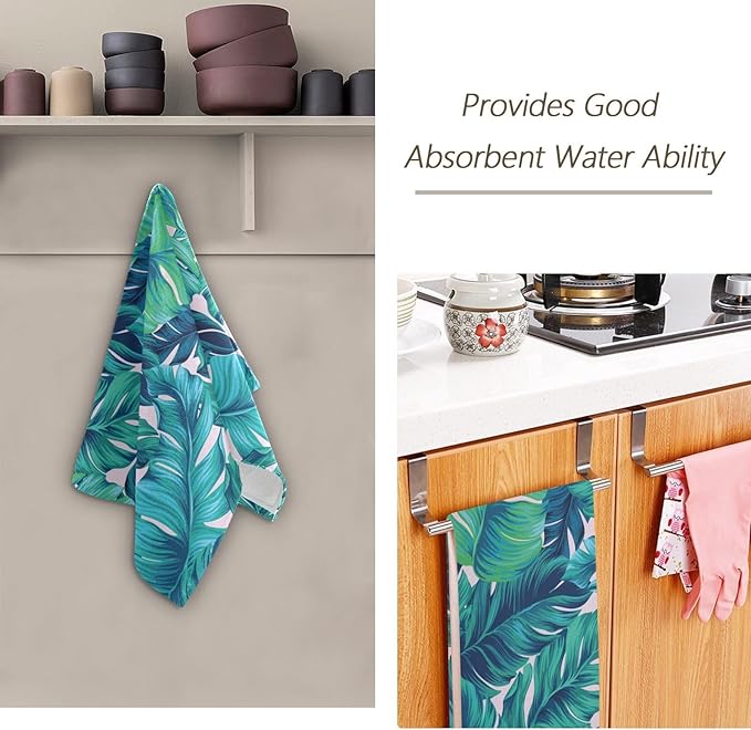 2 Pcs Tropical Blue Green Leaves Hand Towels for Bathroom,Soft Absorbent Palm Banana Leaf Botanical Dish Towels for Kitchen,Quick Dry Decorative Bathroom Towels for Face,Hair,Shower 14"x28"