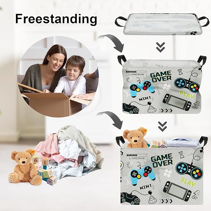 Clastyle Cool Game Storage Basket Kid Game Controller Clothes Laundry Hamper Collapsible Boy Toy Box for Nursery Palyroom,Gray,40 * 30 * 30 cm