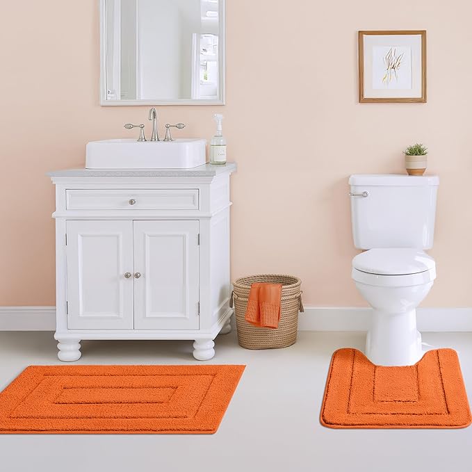 Granny SAYSBathroom Rugs Sets 3 Piece, Soft Absorbent Microfiber Bath Mats for Bathroom Non Slip Washable, U-Shaped Toilet Bath Rugs for Tub Shower(Orange, 16" x 24" + 20" x 32" + U Shaped 20" x 24")