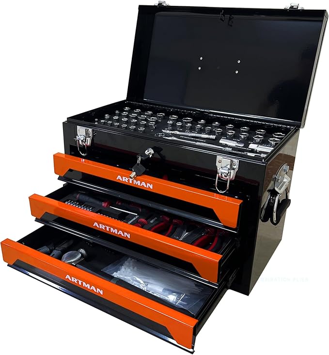 20" Portable 3 Drawer Steel Toolbox,Built in Tool Set,4 Layers of Tools with Metal Latches, with Top Storage Tray and carrying Handle, Multi-Function Tool Storage for Garage, Home,or Workbench