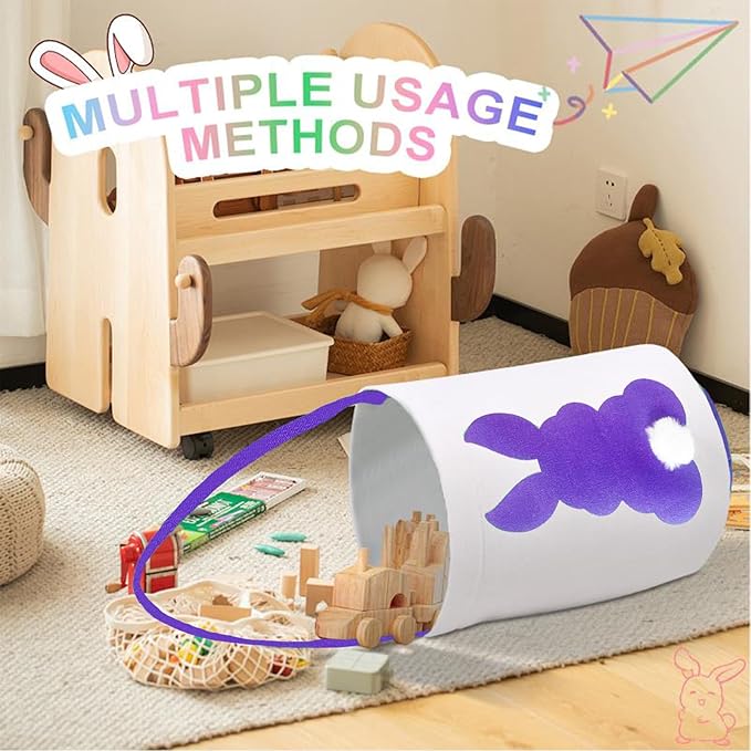 2 Pack Easter Bunny Baskets Bags for Kids, Easter Basket Bags, Easter Hunt Empty Basket with Handle,Canvas Rabbit Tote Bags Storage Buckets for Party Gifts,Easter Eggs (Purple-LightBlue)
