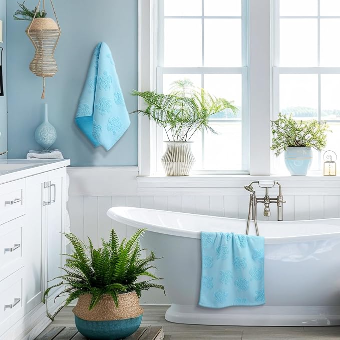 2pcs Sea Turtle Hand Towels for Bathroom 100% Cotton Jacquard Weave Bath Towel Set Soft Absorbent Dish Washcloth for Bathroom Kitchen Beach Summer Theme Gifts 13.8 x 29.5 Inch (Blue)