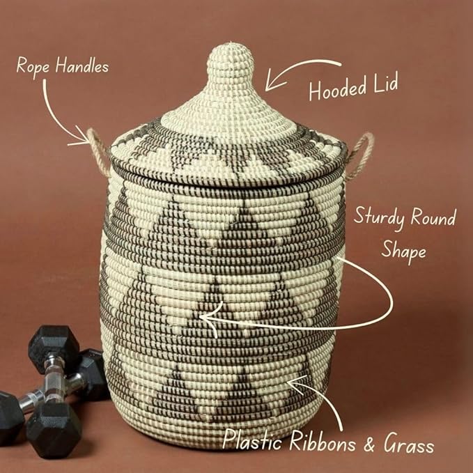 Decorative Storage Basket, Organizing, Bedroom Laundry Hamper, Nursery Toys Bin, Living Room Blanket Storage, Wicker, Woven, With Lid, Handles, Medium, Black Beige