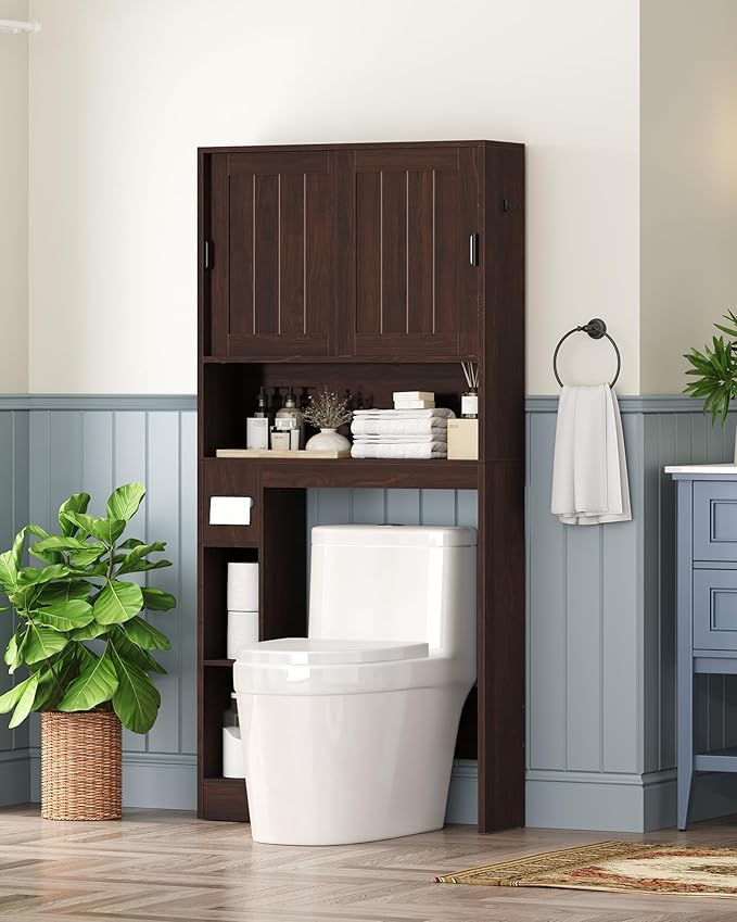 Over The Toilet Storage Cabinet, Farmhouse Storage Cabinet Over Toilet with Sliding Doors, Freestanding Bathroom Organizer with Adjustable Shelf, Space-Saving Toilet Rack, TSZB8001