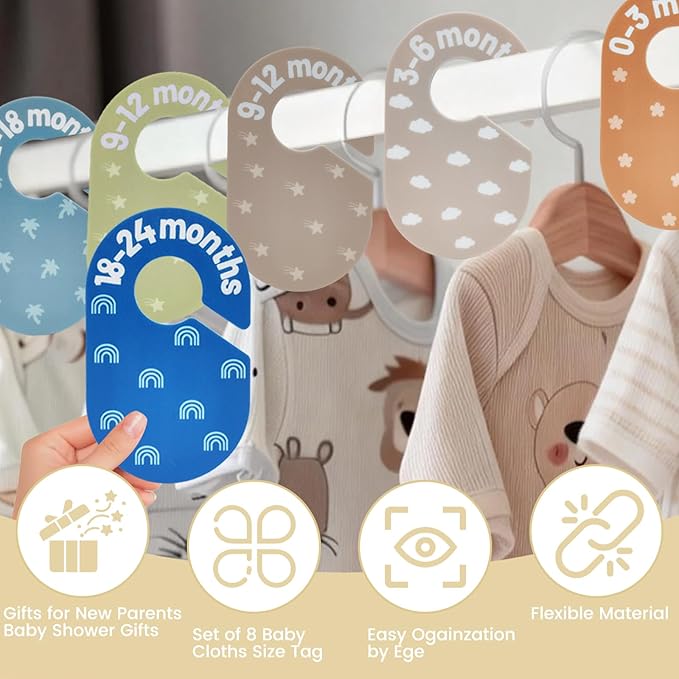 Baby Closet Dividers - Size Tag - 8-Piece Plastic Baby Clothes Organizer Hanger with Double-Sided Designs - Nursery Organization for Baby Clothing Newborn to 2T Girl & Boy (A Solid Multi-Color)