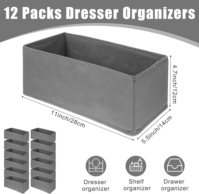 12 Pack Foldable Cloth Storage Box Closet Dresser Drawer Organizer Divider Fabric Baskets Bins Containers for Clothes Underwear Bras Socks Lingerie Clothing, Dark Grey