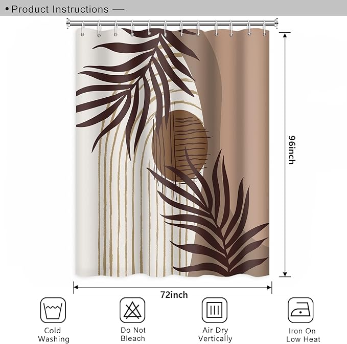 Abstract Mid Century Boho Bathroom Shower Curtain Eucalyptus Leaves Brown and Beige Sun Shower with Hooks Waterproof Polyester Fabric for Art Home Decor, 72x96 Inch