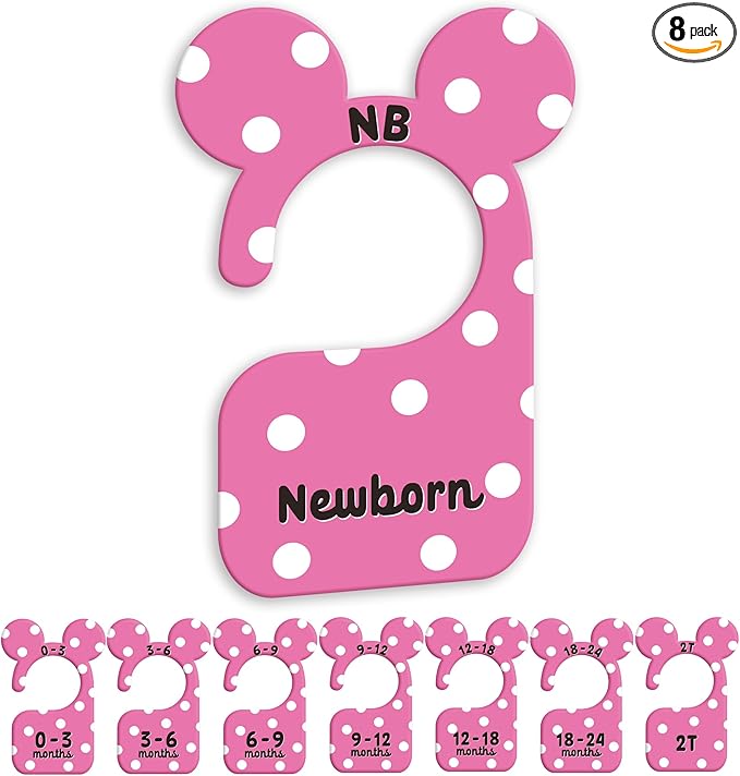 JMOST Girl Baby Closet Dividers for Nursery Closet Organizer, Newborn to 24 Months Size Clothes, Cute Pink Hangers with Size Dividers, Double Sided
