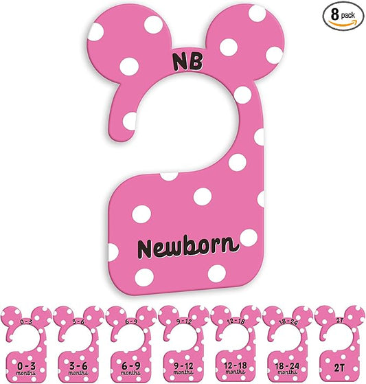 JMOST Girl Baby Closet Dividers for Nursery Closet Organizer, Newborn to 24 Months Size Clothes, Cute Pink Hangers with Size Dividers, Double Sided
